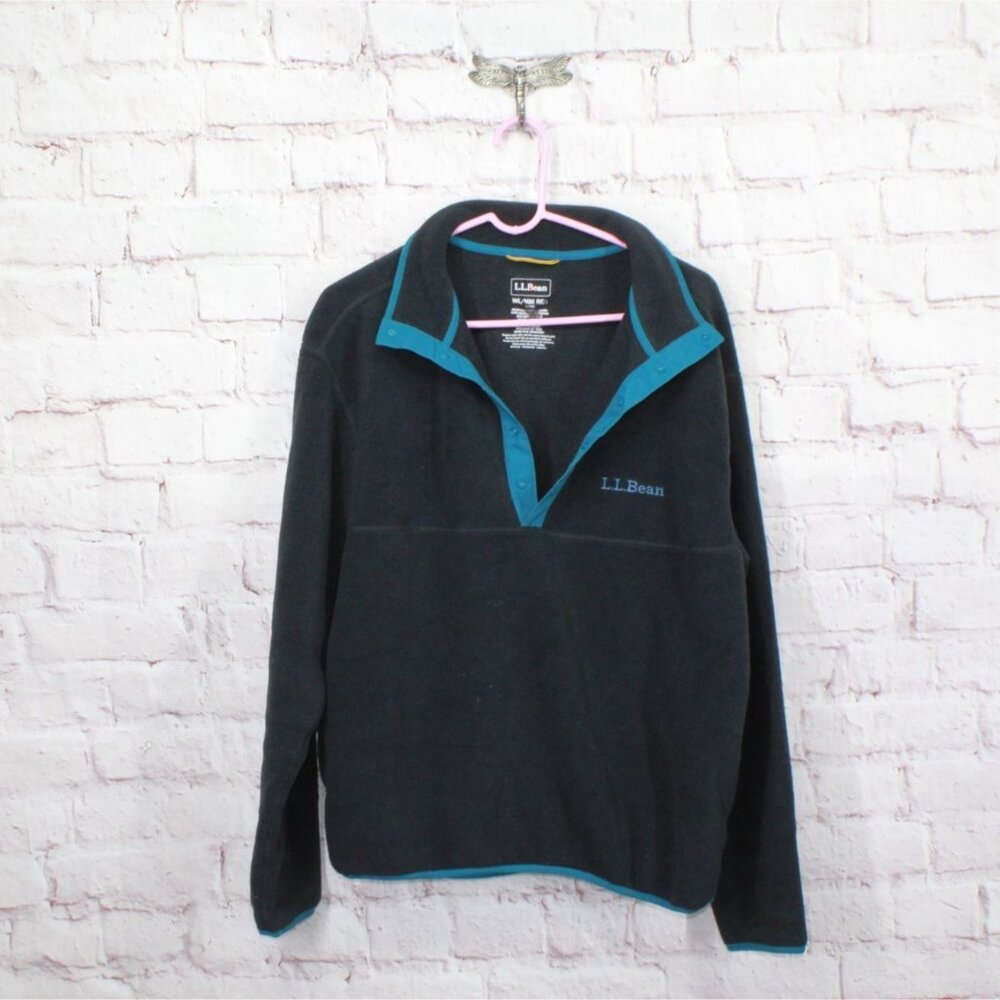 LL Bean Bean's Classic Fleece Pullover Sweater Black Blue Size Womens L Mens M - Picture 9 of 10